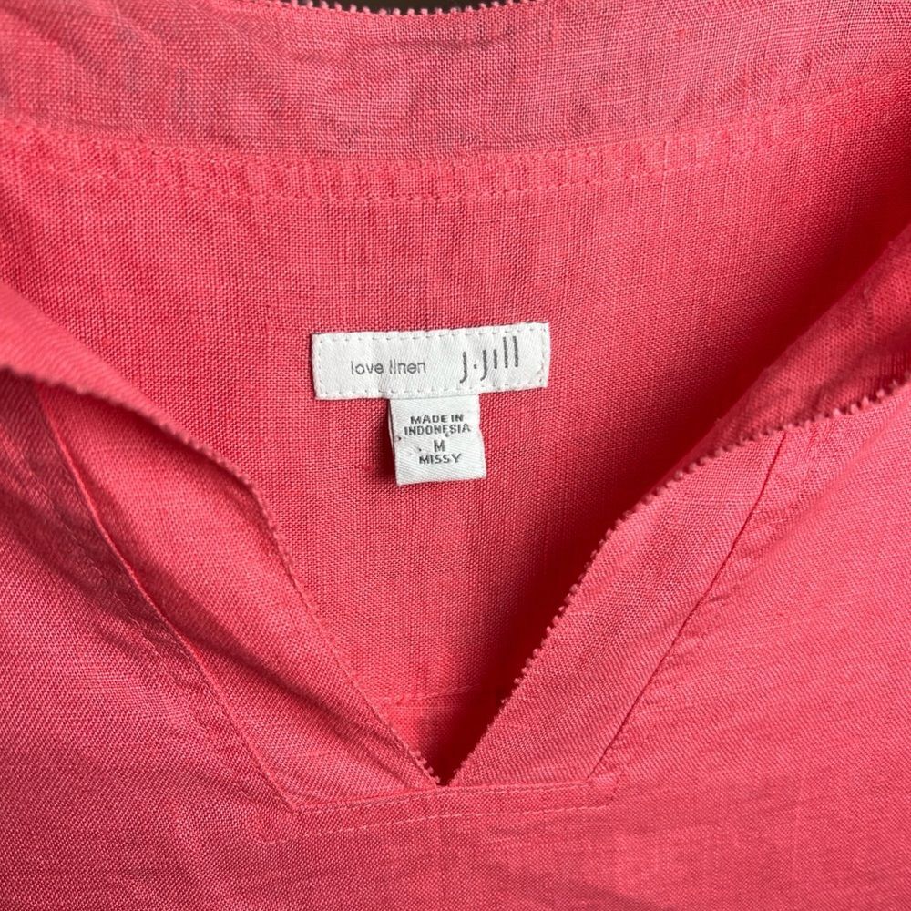 j. Jill Love Linen Size Medium Pink Roll Tab Short Sleeve Sheath Dress Pockets - Picture 3 of 5